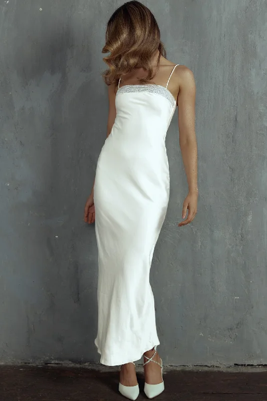 Making Headlines Diamante Neckline Maxi Dress White Sleek Women's 