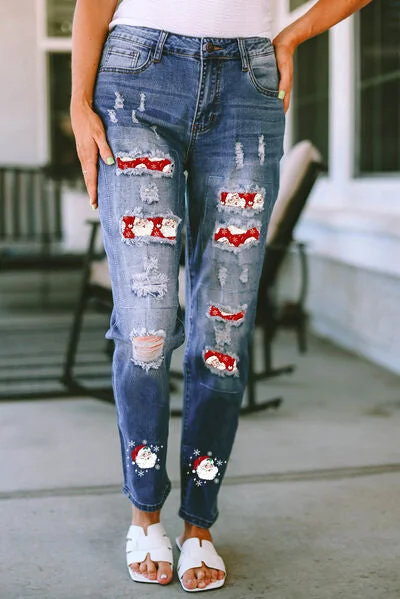 Santa Graphic Distressed Jeans with Pockets Dapper Women's Bow - adorned