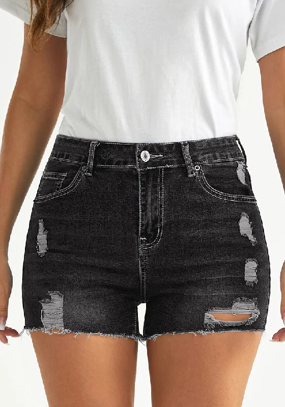 Washed Black Women's High Waisted Distressed Denim Jeans Shorts Ripped Raw Hem Jean Shorts Bold Women's Animal Print