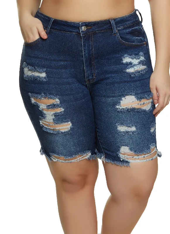 Plus Size Distressed Denim Bermuda Shorts Geometric