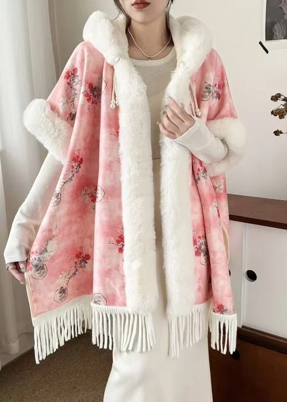 New Pink Hooded Tasseled Patchwork Warm Fleece Coats Half Sleeve Unique Women's Upcycled New Pink Hooded Tasseled Patchwork Warm Fleece Coats Half Sleeve Unique Women's Upcycled