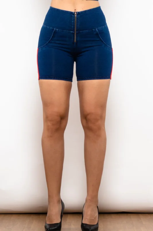 Full Size Side Stripe Zip Closure Denim Shorts Traditional Women's Wool