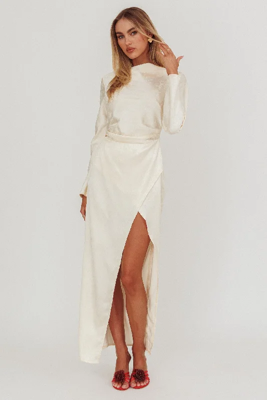 Loveland Long Sleeve Cowl Back Maxi Dress Beige Unique Women's Upcycled