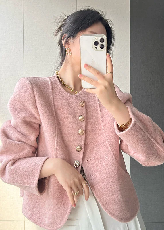 Women Pink O Neck Button Woolen Short Coat Spring Elegant Women's 
