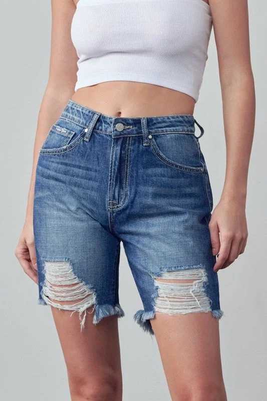 High Rise Ripped Bermuda Denim Shorts Elegant Women's 