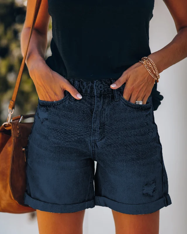 Dark Blue High Waist Roll-Over Distressed Jean Shorts Edgy Women's Punk