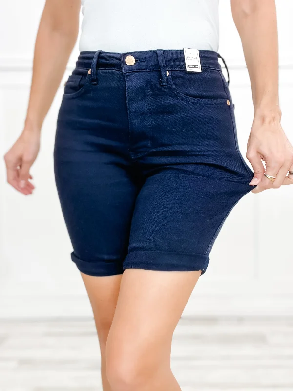 Judy Blue High Waist Navy Garment Dyed Tummy Control Bermuda Shorts Modern Women's 