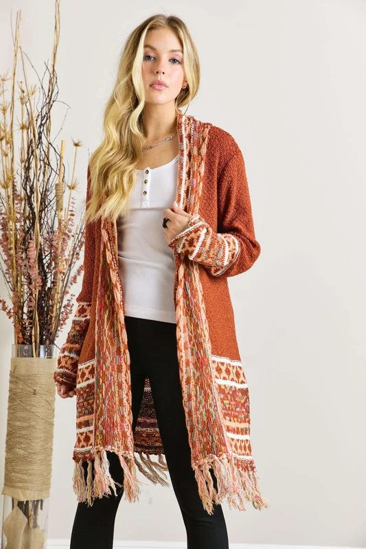 THEO FRINGE HEM AZTEC BORDER CARDIGAN