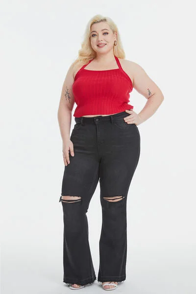 BAYEAS Full Size High Waist Distressed Raw Hem Flare Jeans Bold Women's Statement
