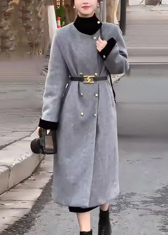 Elegant Grey Double Breast Sashes Woolen Long Coats Spring Contemporary 