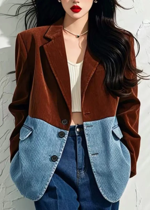 Loose Brown Notched Button Patchwork Corduroy Coats Spring garde
