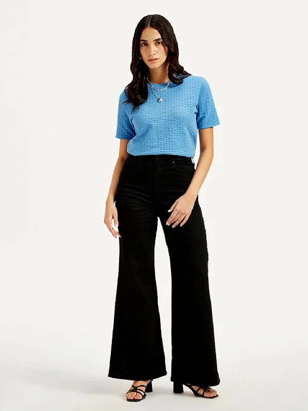 Women's High Rise Ribcage Black Bell Bottom Jeans Gym