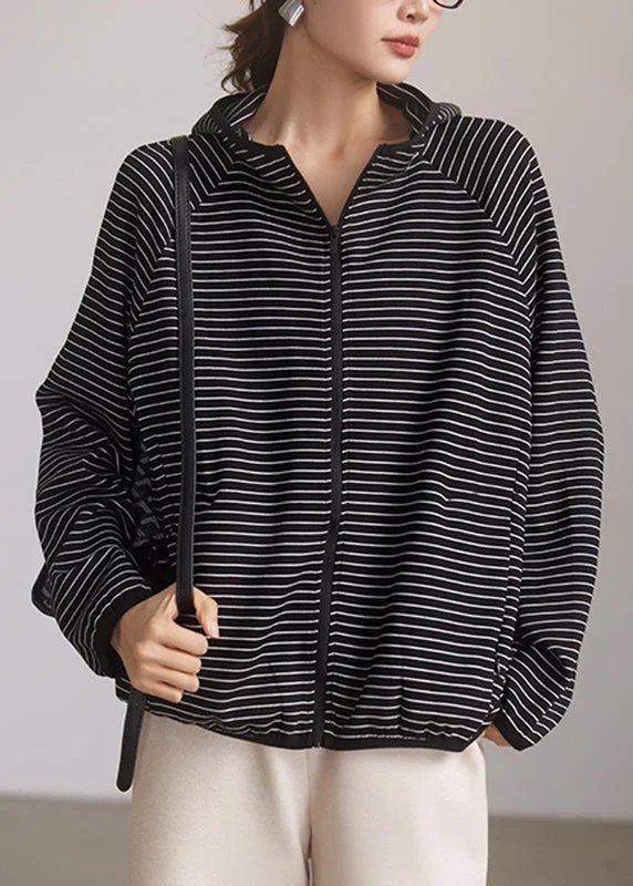 Loose Black Zippered Striped Hooded Coats Spring Earthy Women's 