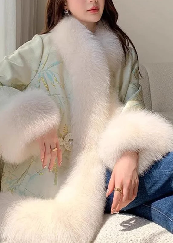 Elegant Light Green Fox Collar Embroidered Leather And Fur Coats Winter Modern Women's 