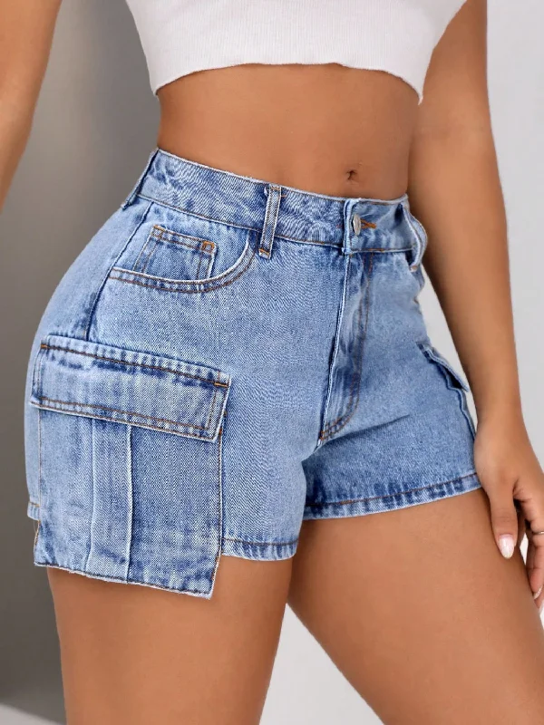 Mid-Rise Waist Denim Shorts with Pockets Cashmere
