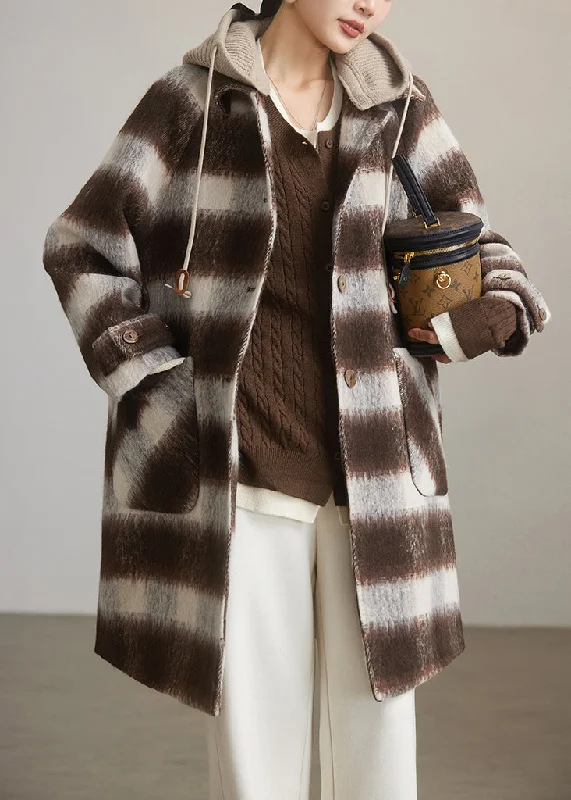 Chic Coffee Plaid Hooded Patchwork Woolen Coats Spring Sharp Women's Italian