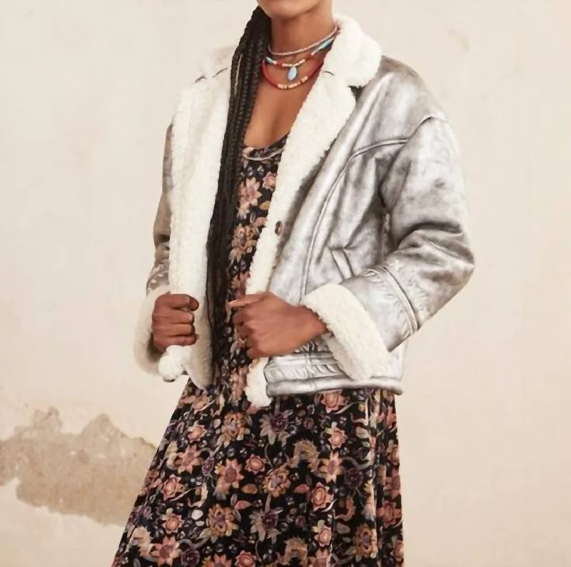 Metallic Bomber Jacket Shearling Cuffs In Silver Hip Women's Urban
