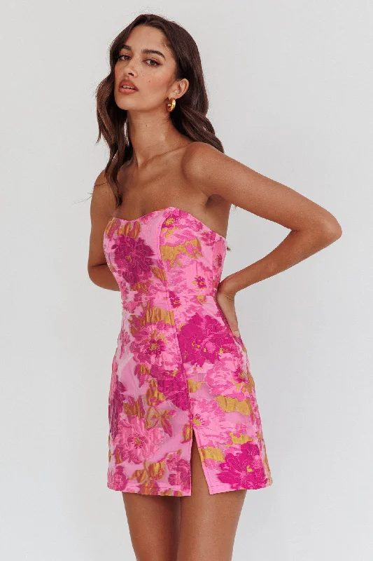 Marlina Strapless Jacquard Mini Dress Pink Geometric