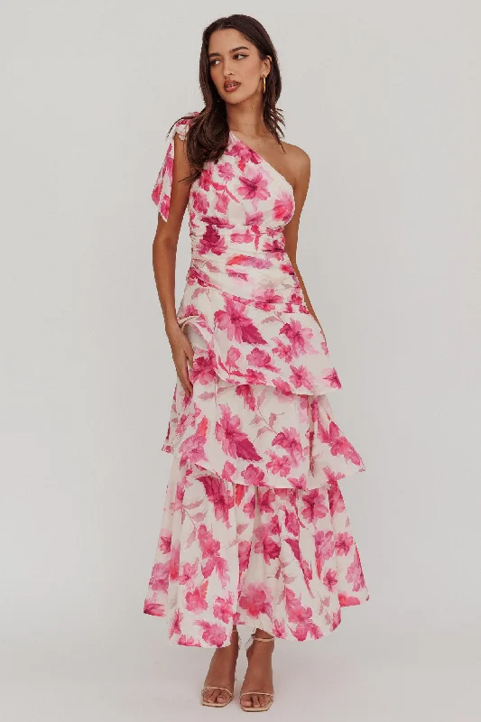 Kenny One Shoulder Tiered Floral Maxi Dress Pink Modern Women's 
