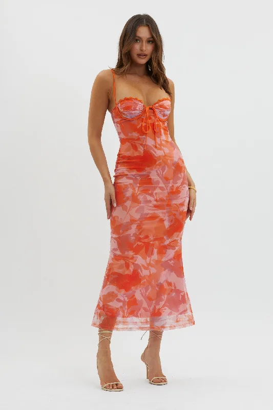 Fortune Lace Trim Mesh Midi Dress Orange Bold Women's Animal Print