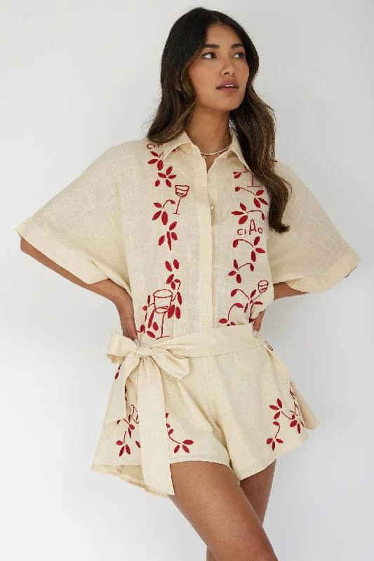 Daytona Beach Button-Up Romper Embroidered Oat Classic Women's Tweed