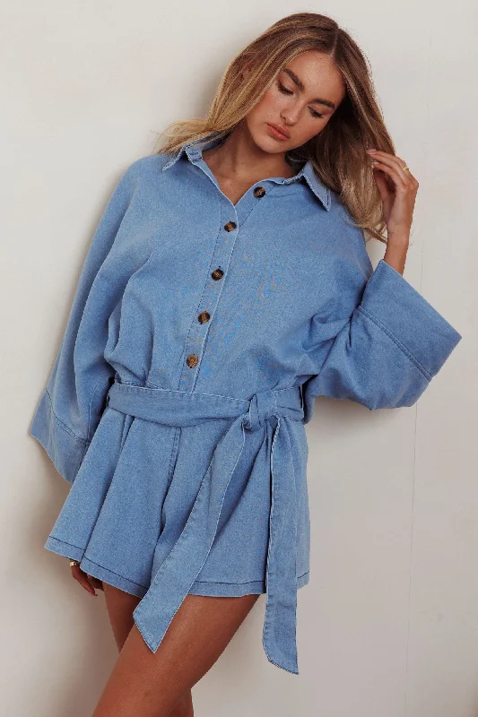 Daytona Beach Button-Up Romper Denim Blue Dynamic Women's High - energy