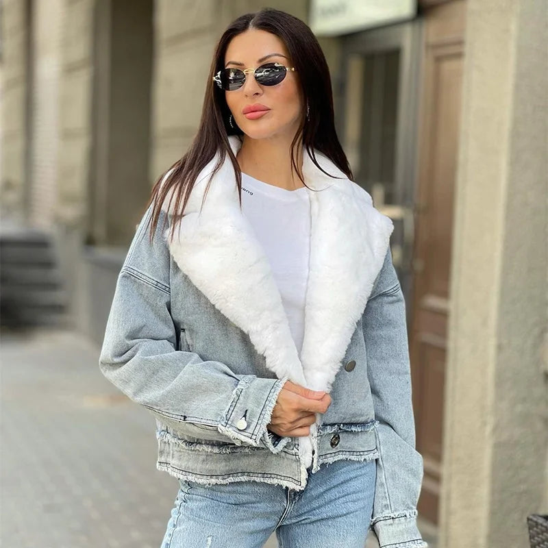 Women's Luxury Warm Winter Denim Jacket with Turn-down Real Fox Collar Relaxed Women's 