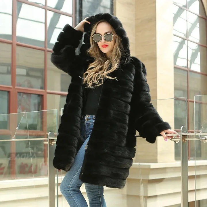 Women's Genuine Leather Winter Black Long Winter Mink Fur Coat Earthy Women's Hemp - based