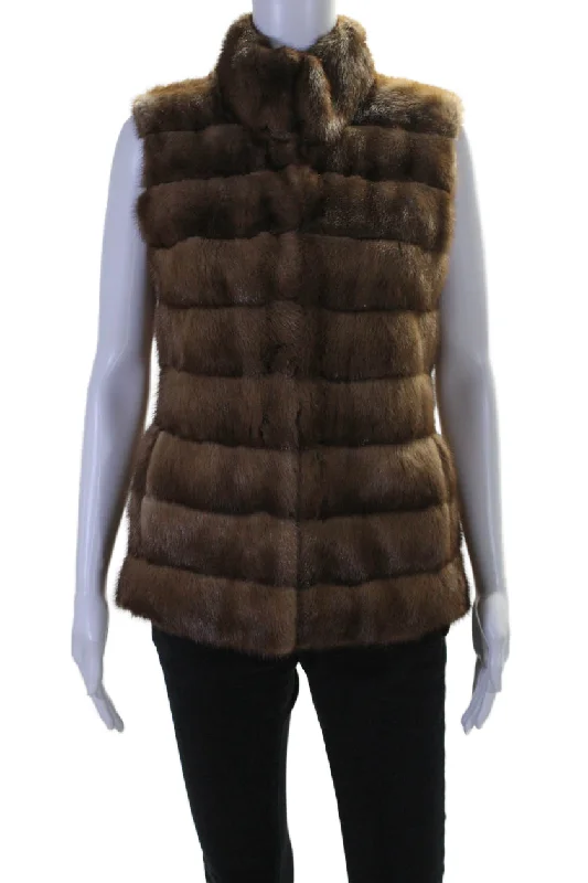 Dennis Basso Womens Mink Fur Hook Closure Sleeveless Vest Brown