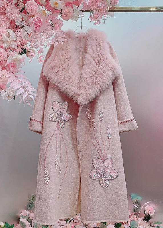 New Pink Fur Collar Sequins Nail Bead Wool Coat Spring Traditional Women's Wool