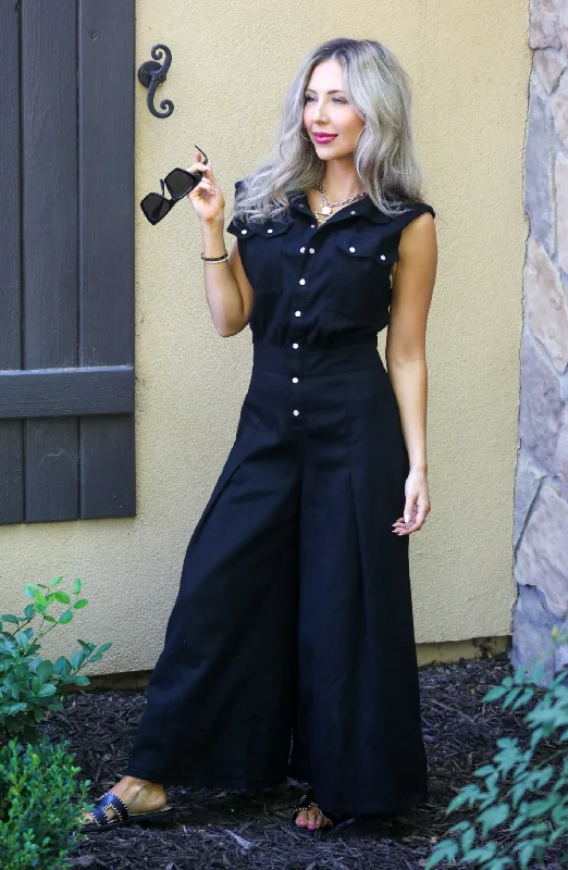 Nothing But You Black Wide Leg Denim Jumpsuit Modern Women's Tech