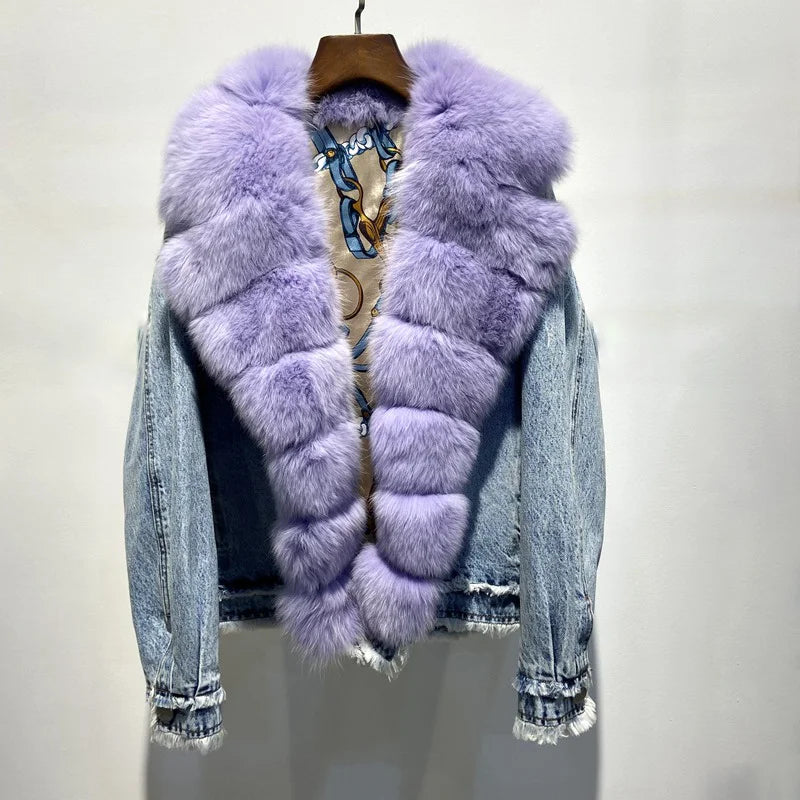 Women's Luxury Warm Winter Denim Jacket with Real Fox Fur Collar Practical Women's Quick - dry Women's Luxury Warm Winter Denim Jacket with Real Fox Fur Collar Practical Women's Quick - dry