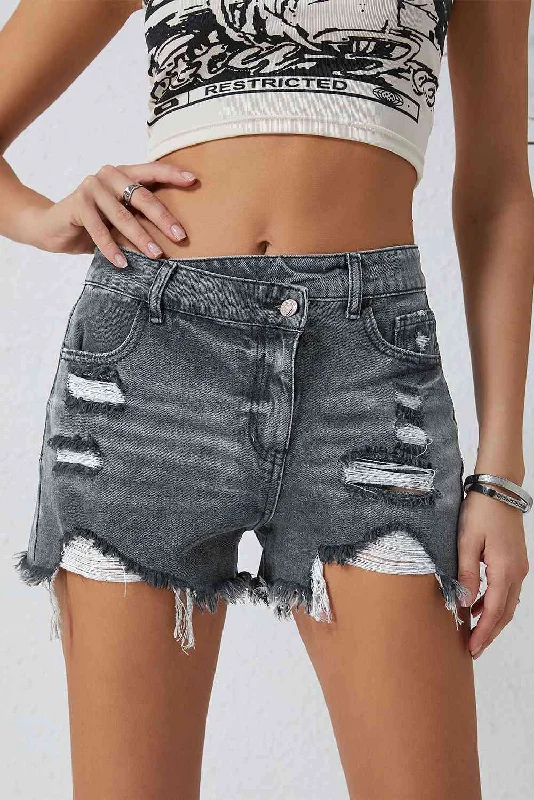 Asymmetrical Distressed Denim Shorts Stylish Women's Tropical 