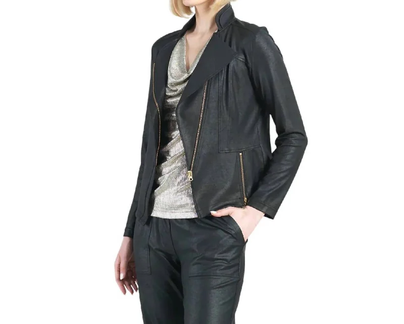 Faux Leather Zippered Jacket In Black Stylish Women's Neon