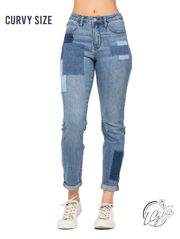 Curvy Eliza High-Rise Patched Boyfriend by Judy Blue Casual Women's Japanese 