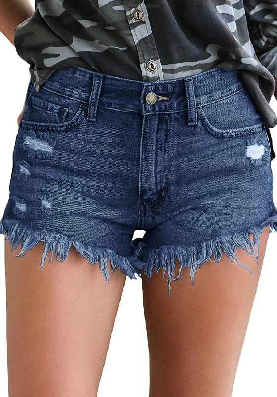 Women's Mid Rise Frayed Ripped Raw Hem Denim Jean Shorts Hip Women's Retro
