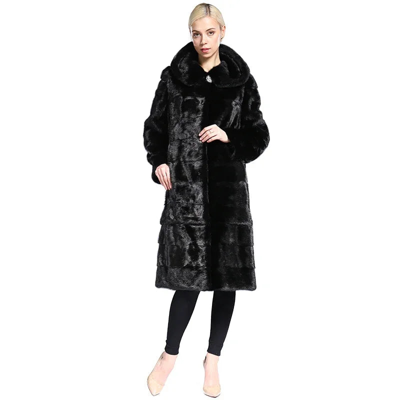 Women's Hooded Real Mink Fur Genuine Leather Coat with Fur Trim Hood Cool Women's Distressed