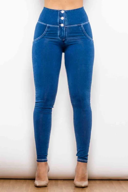 High Waist Skinny Buttoned Long Jeans Stylish Women's Neon