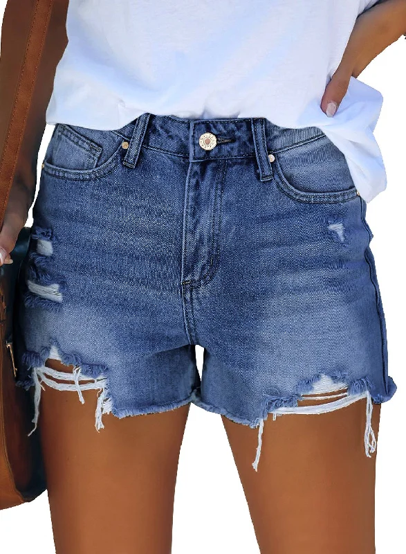 Blue High Waist Ruched Hem Distressed Denim Shorts Stylish Women's Tropical 