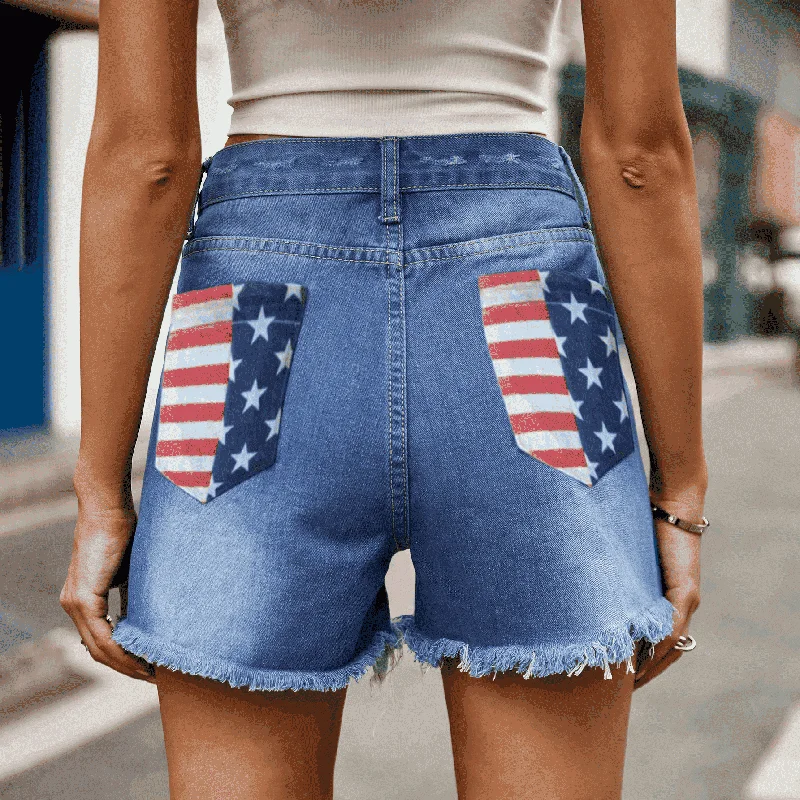US Flag Distressed Denim Shorts Women