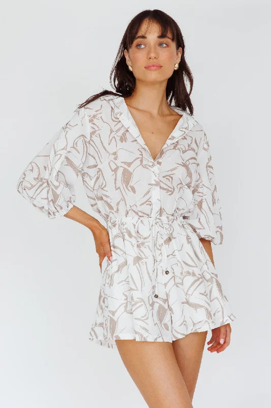 Tiki Puff Sleeve Drawstring Romper Print Beige Sophisticated Women's Tailored
