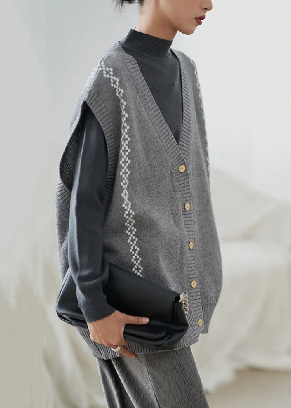 Loose Grey V Neck Button Cozy Knit Waistcoat Sleeveless Hip Women's Retro