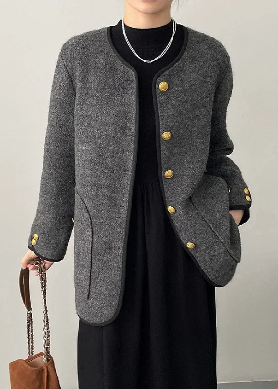 Grey O-Neck Button Woolen Jackets Spring Sustainable Organic