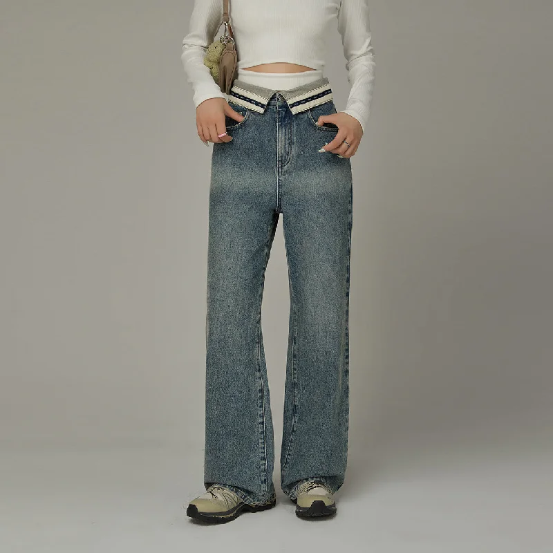 Color Matching Folded Waist Wide Denim Jeans Scandinavian