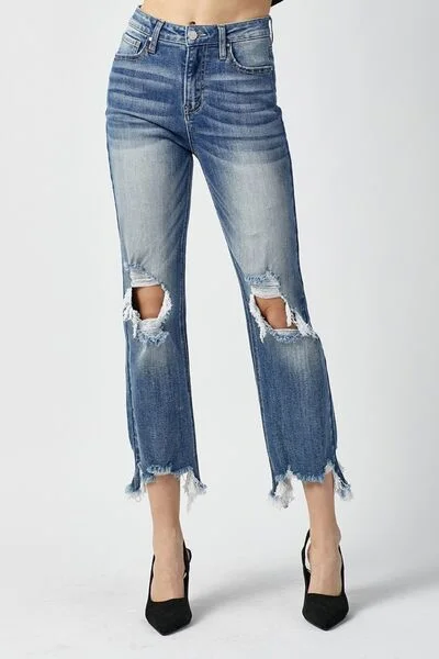RISEN High Waist Distressed Frayed Hem Cropped Straight Jeans Unique Women's Upcycled