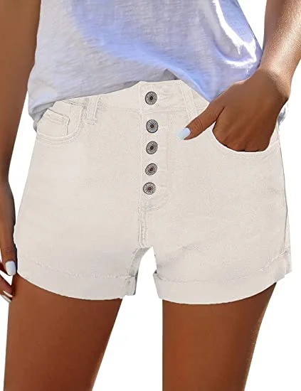 Women's High Waisted Rolled Hem Distressed Jeans Ripped Denim Shorts Monochromatic Office Style