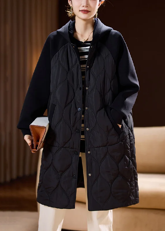 Loose Black Hooded Button Pockets Cotton Filled Coat Winter Cool Women's Skate