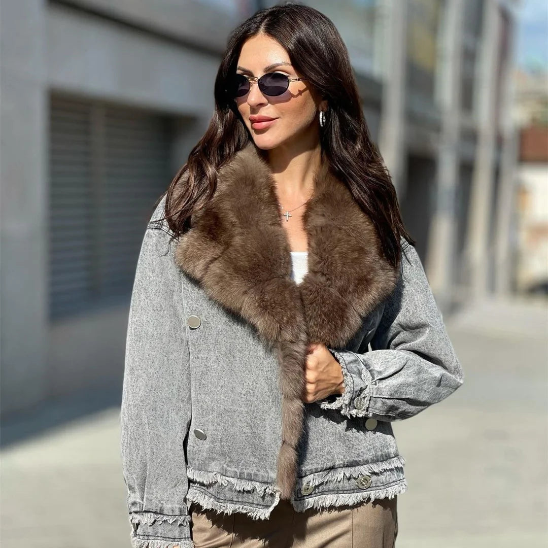 Women's Casual Full Pelt Fox Fur Collar Winter Warm Denim Jacket Unique Women's Upcycled