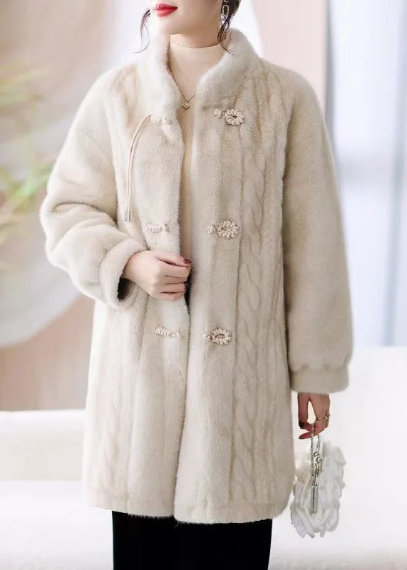 French Beige Stand Collar Button Pockets Mink Hair Coat Winter Streetwear Style for French Beige Stand Collar Button Pockets Mink Hair Coat Winter Streetwear Style for