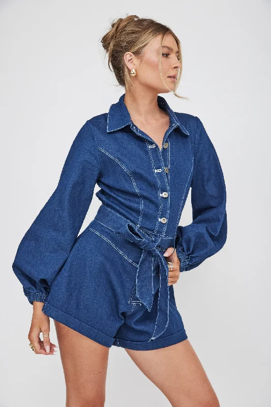 New Day Long Sleeve Button-Up Romper Indigo French